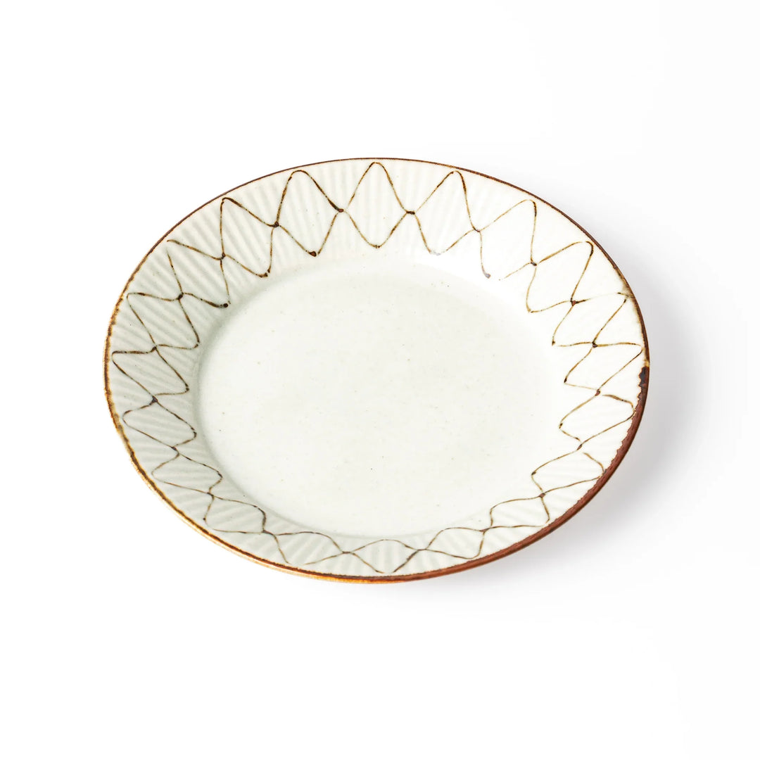 Rustic diamond weave ceramic dessert plate in off white glaze