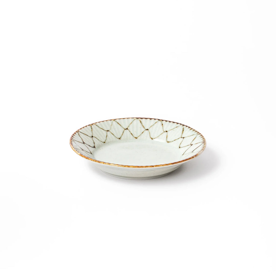 Rustic diamond weave ceramic sauce dish in off white glaze