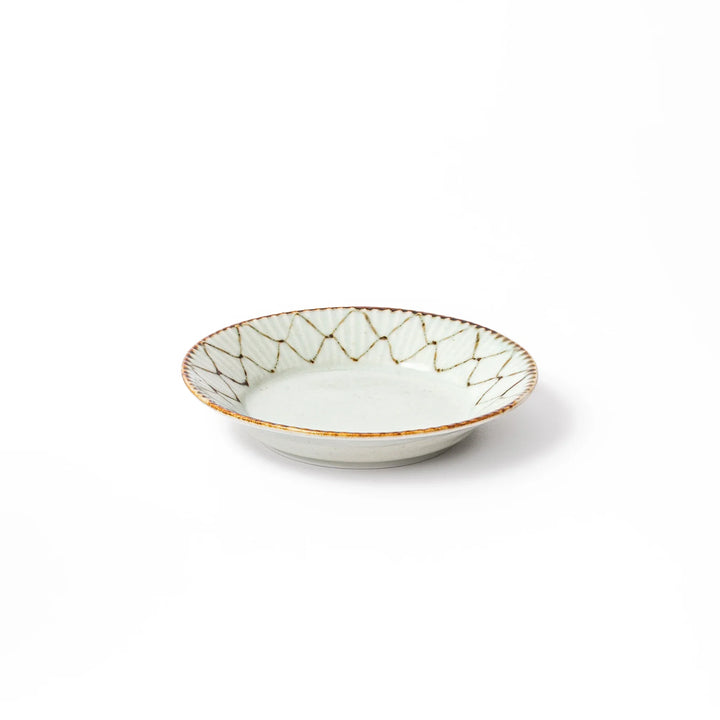 Rustic diamond weave ceramic sauce dish in off white glaze