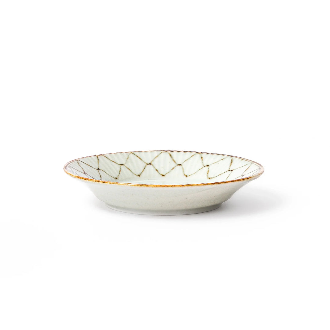 Rustic diamond weave ceramic sauce dish in off white glaze