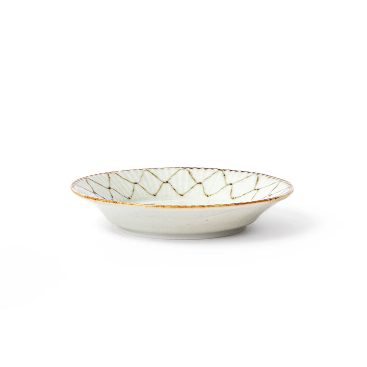 Rustic diamond weave ceramic sauce dish in off white glaze