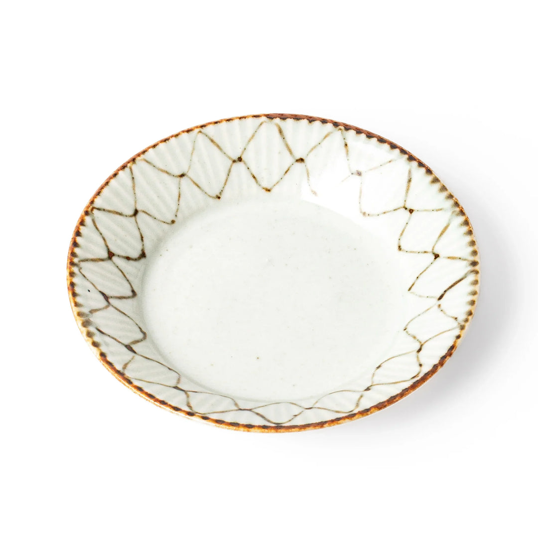 Rustic diamond weave ceramic sauce dish in off white glaze
