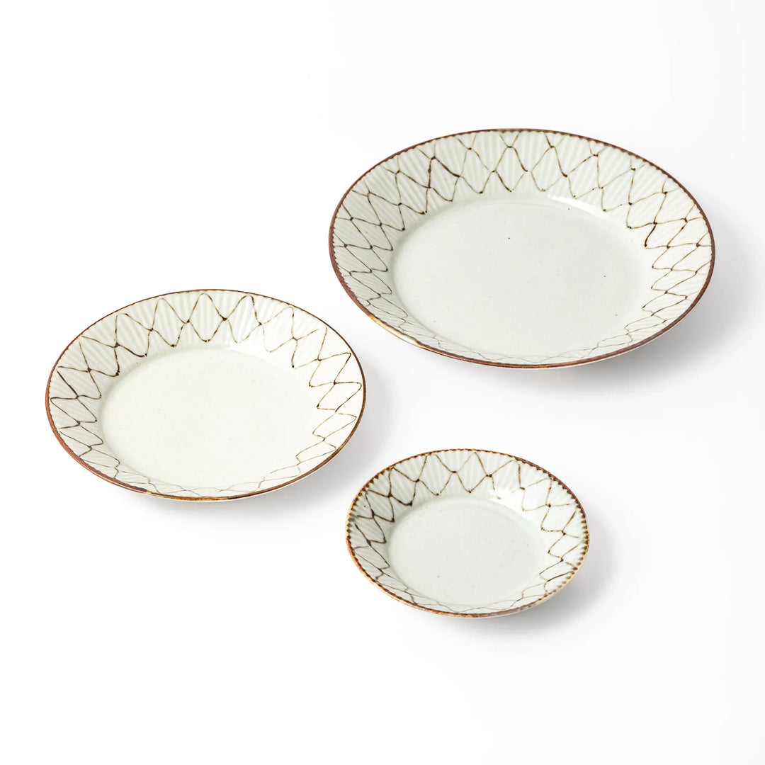 Rustic diamond weave ceramic plates in multiple sizes