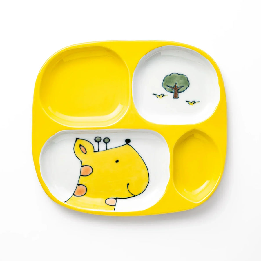 White ceramic kids divided plate with smiling yellow giraffe, tree and bird motifs, vibrant yellow sections