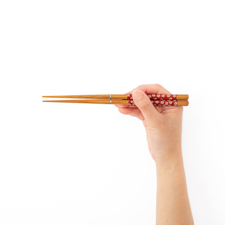 A hand holding assembled sakura Japanese travel chopsticks to showcase the full length and natural wood tips