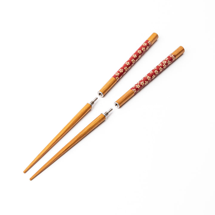Sakura Japanese travel chopsticks detached into two pieces to show the screw in metal joints for compact storage