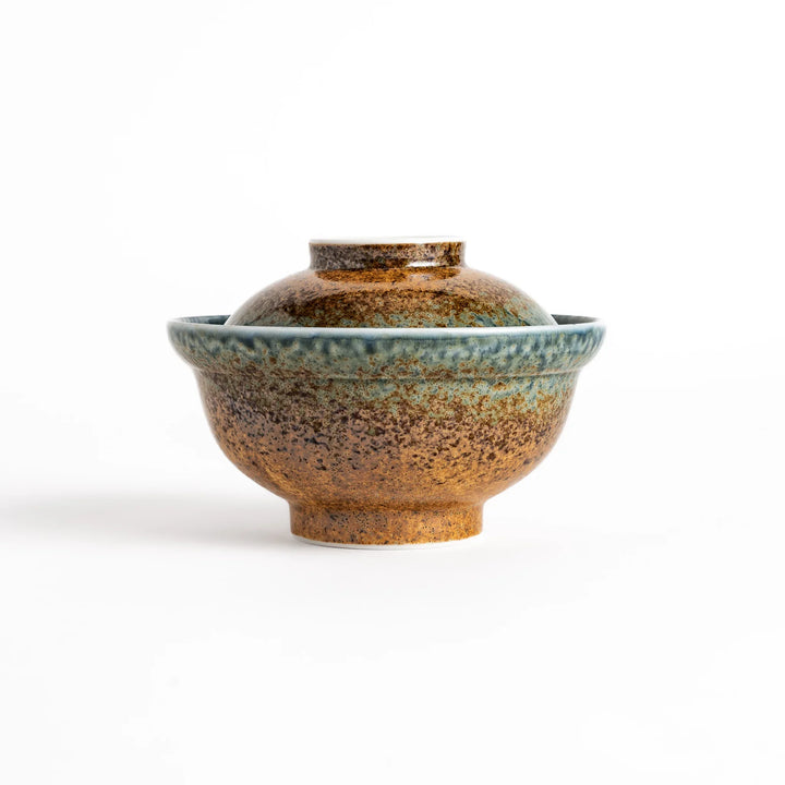 Ceramic donburi bowl with brown and blue reactive glaze and lid perfect for rice noodle or soup dishes.
