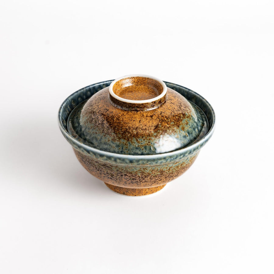 Ceramic donburi bowl with brown and blue reactive glaze and lid perfect for rice noodle or soup dishes.