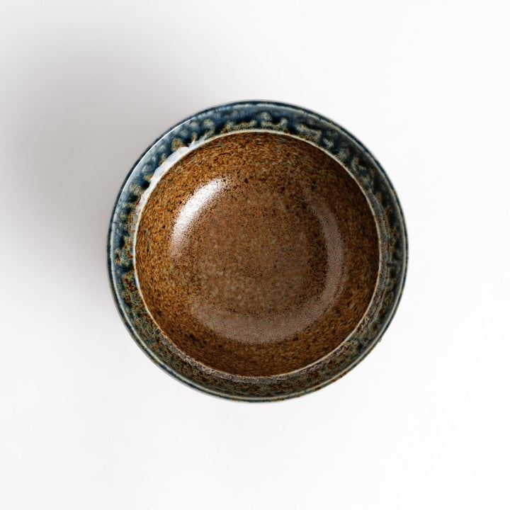 Ceramic donburi bowl with brown and blue reactive glaze and lid perfect for rice noodle or soup dishes.