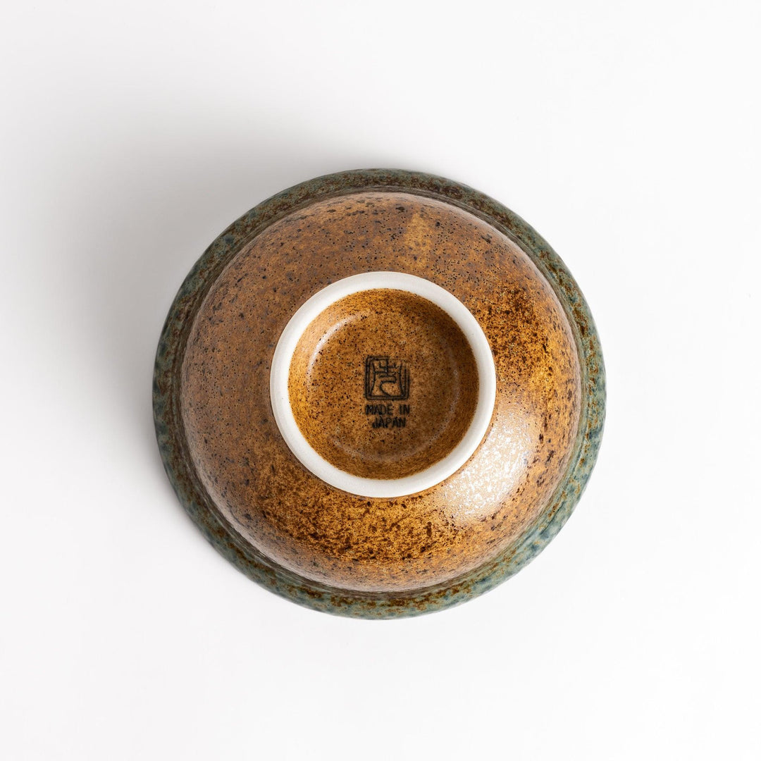Ceramic donburi bowl with brown and blue reactive glaze and lid perfect for rice noodle or soup dishes.