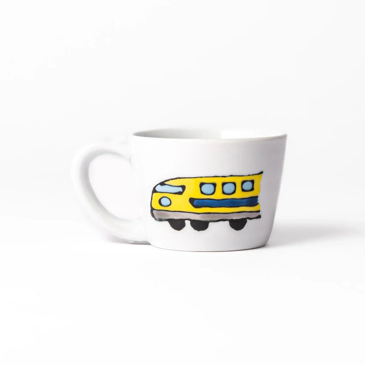 White ceramic kids mug featuring red and white Shinkansen bullet train illustration, round handle, shown on white background