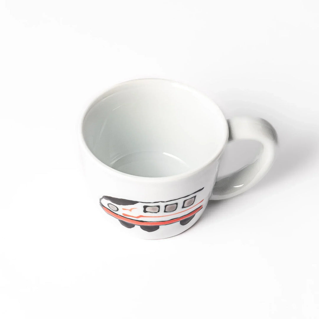 White ceramic kids mug featuring red and white Shinkansen bullet train illustration, round handle, shown on white background