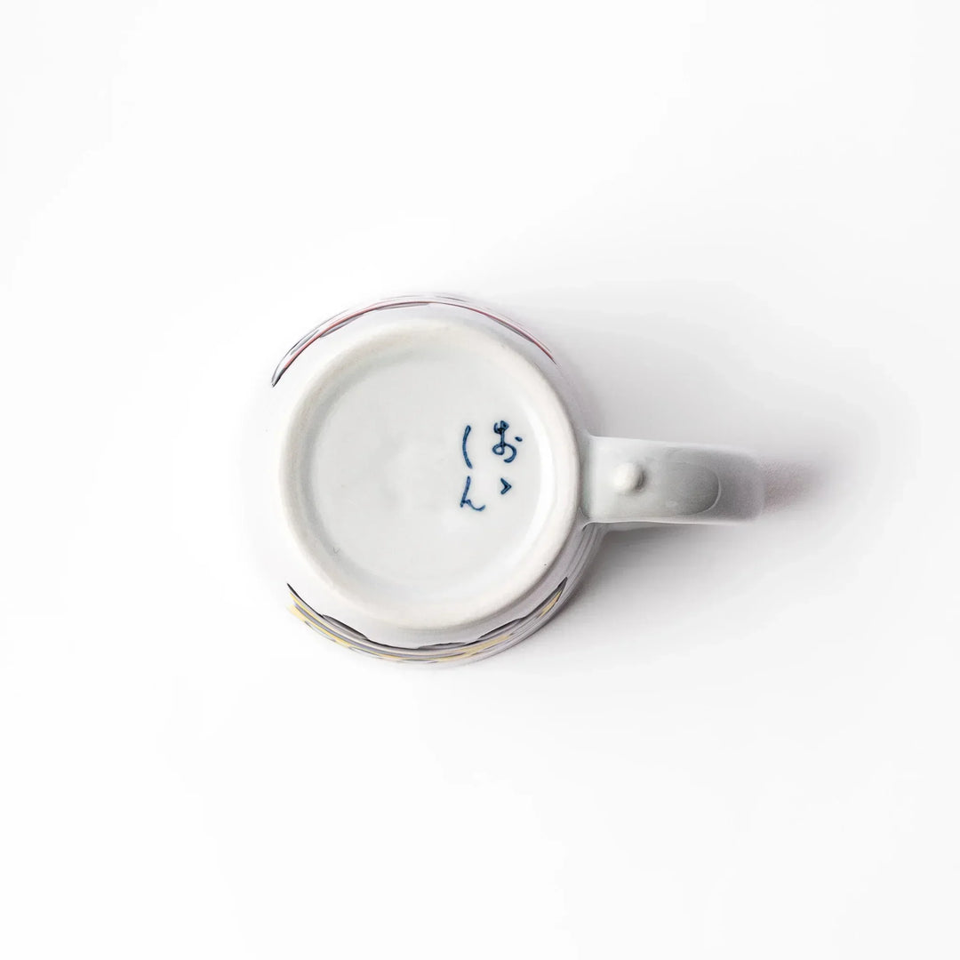 White ceramic kids mug featuring red and white Shinkansen bullet train illustration, round handle, shown on white background