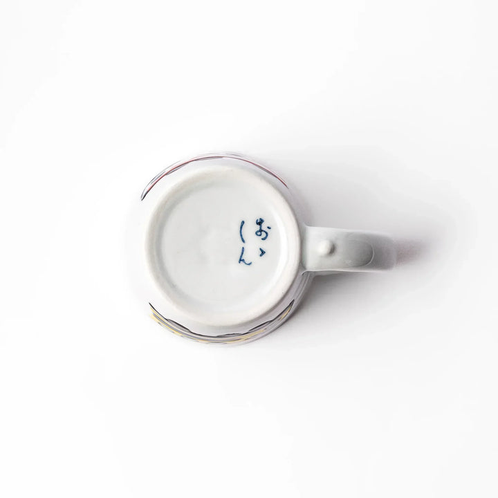 White ceramic kids mug featuring red and white Shinkansen bullet train illustration, round handle, shown on white background