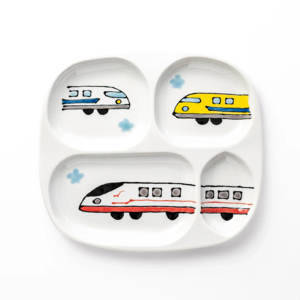 White ceramic kids plate with red, white and yellow Shinkansen train motifs in sections, accented by blue cloud details