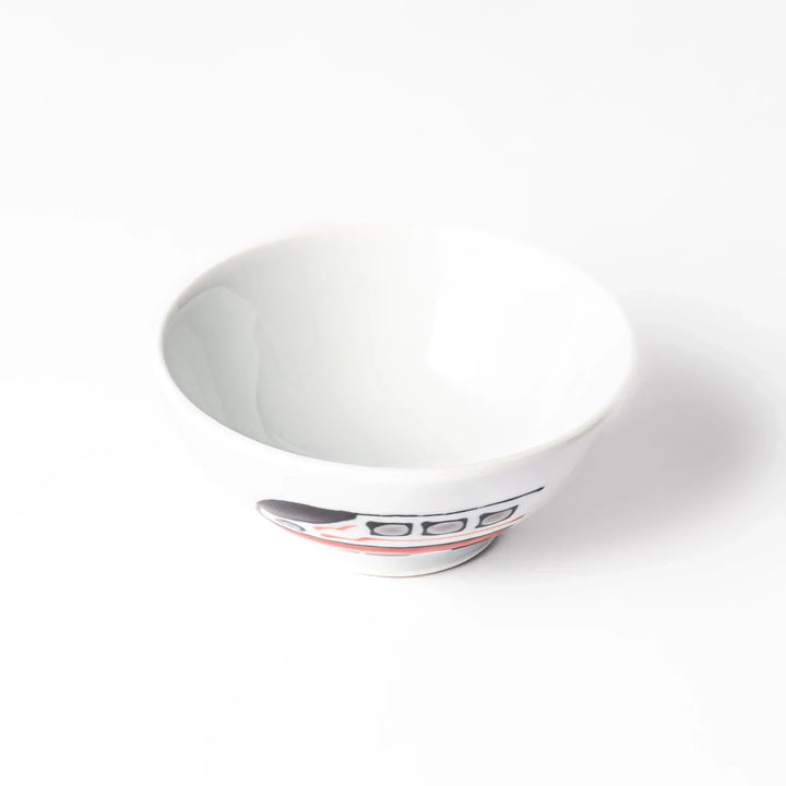 White ceramic kids rice bowl featuring red and white Shinkansen bullet train illustration, round footed base