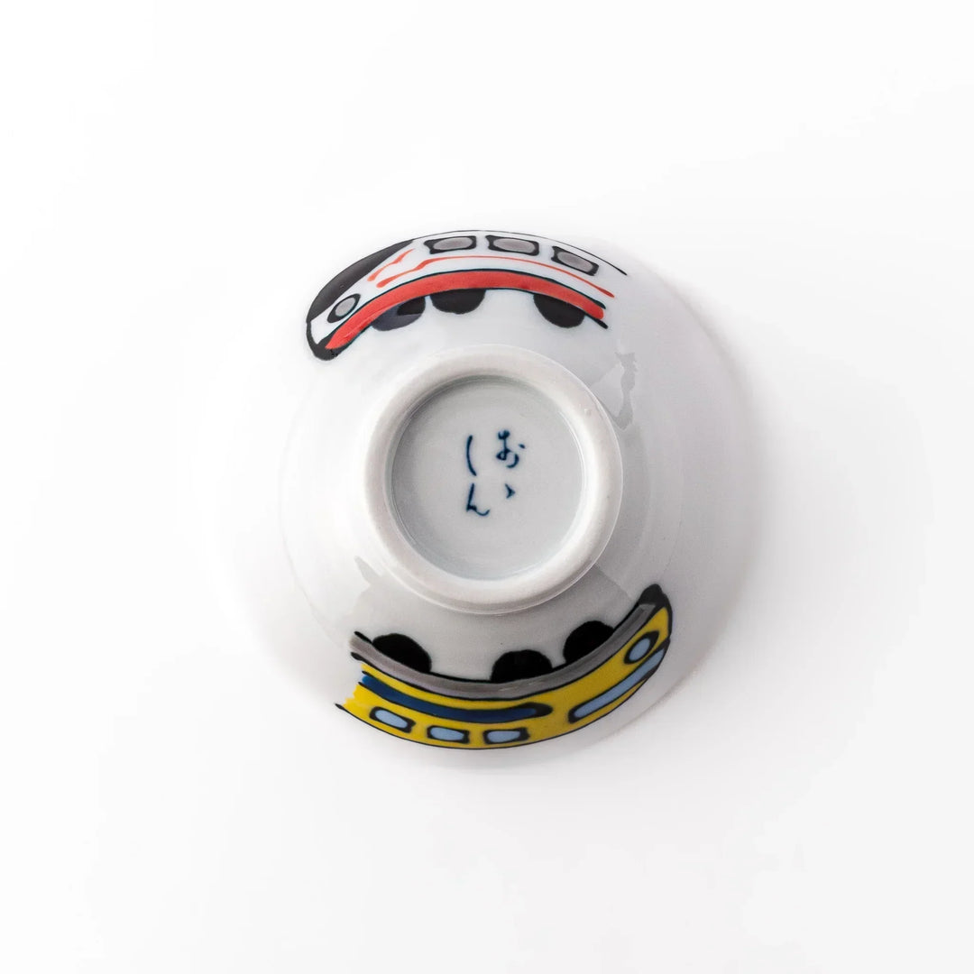 White ceramic kids rice bowl featuring red and white Shinkansen bullet train illustration, round footed base