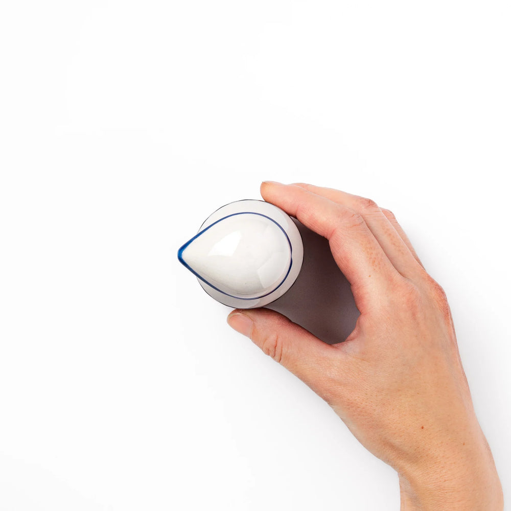 Japanese ceramic soy sauce dispenser with blue wave pattern and yellow shorebirds for traditional dining.