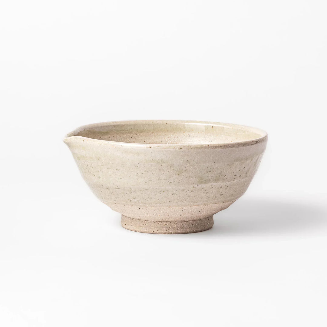 Soft sage-colored mortar with a speckled Hiwa glaze and grooved interior, perfect for grinding sesame or spices.