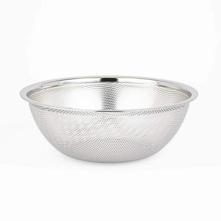 Japanese stainless steel mixing bowl and mesh strainer set, featuring an extra large colander for kitchen prep