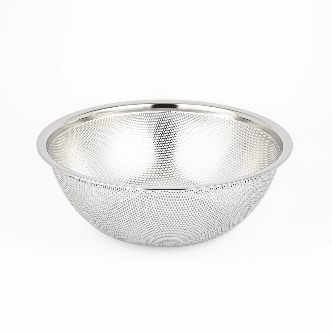 Japanese stainless steel mixing bowl and mesh strainer set, featuring an extra large colander for kitchen prep