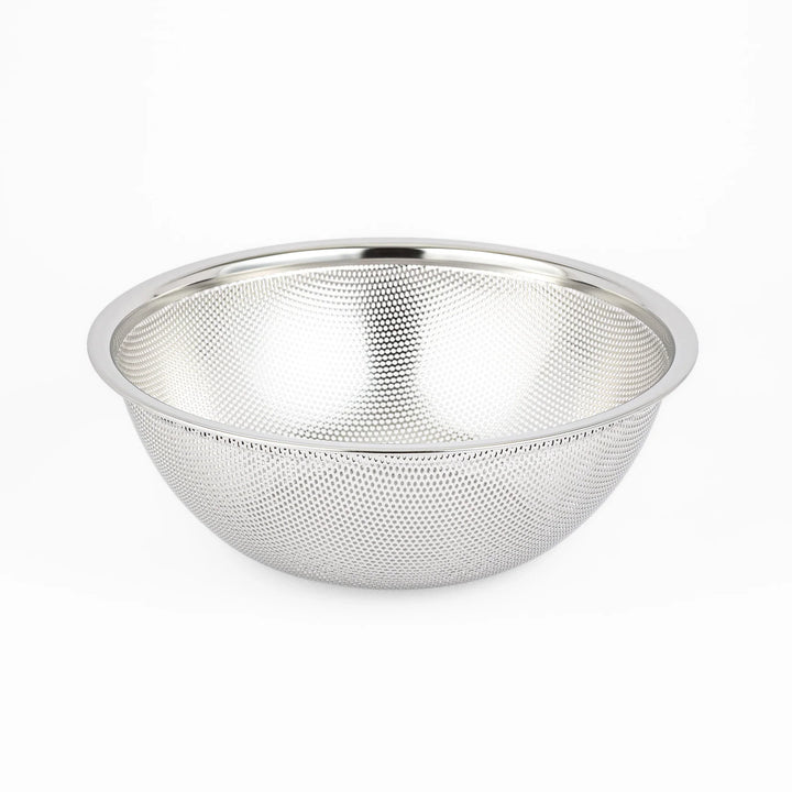 Japanese stainless steel mixing bowl and mesh strainer set, featuring an extra large colander for kitchen prep