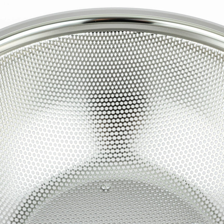 Japanese stainless steel mixing bowl and mesh strainer set, featuring an extra large colander for kitchen prep