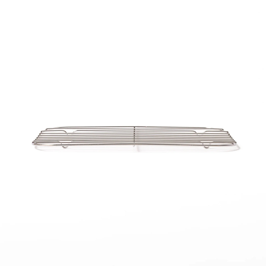 Side profile view of a large Japanese stainless steel prep tray wire rack, highlighting its slim and low profile design