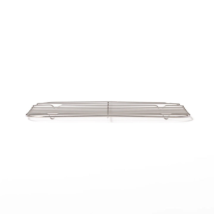 Side profile view of a large Japanese stainless steel prep tray wire rack, highlighting its slim and low profile design