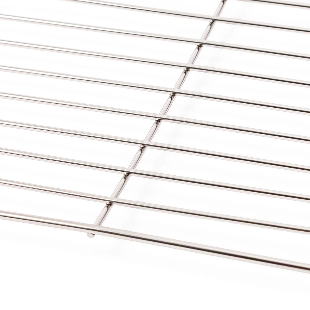 Close up view of the durable wire mesh construction on a large Japanese stainless steel prep tray wire rack