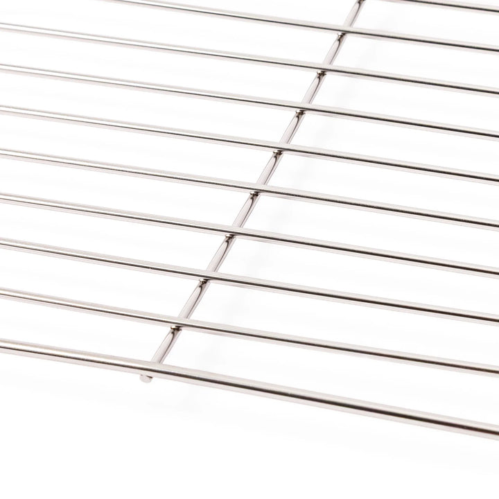 Close up view of the durable wire mesh construction on a large Japanese stainless steel prep tray wire rack
