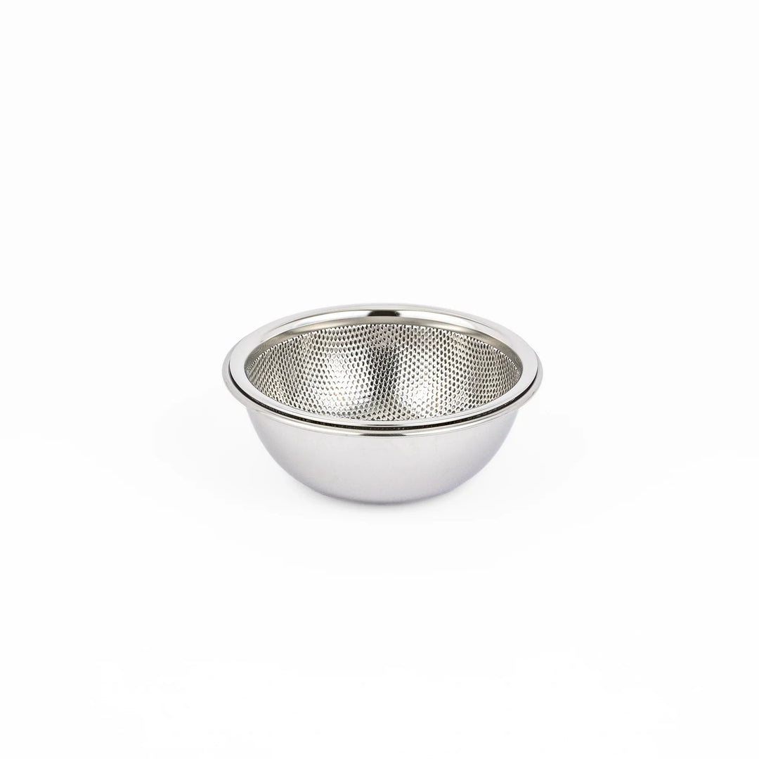 Japanese stainless steel mixing bowl and mesh strainer set, featuring an extra small colander for kitchen prep