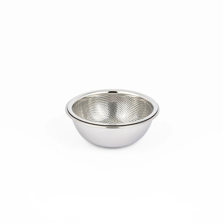 Japanese stainless steel mixing bowl and mesh strainer set, featuring an extra small colander for kitchen prep
