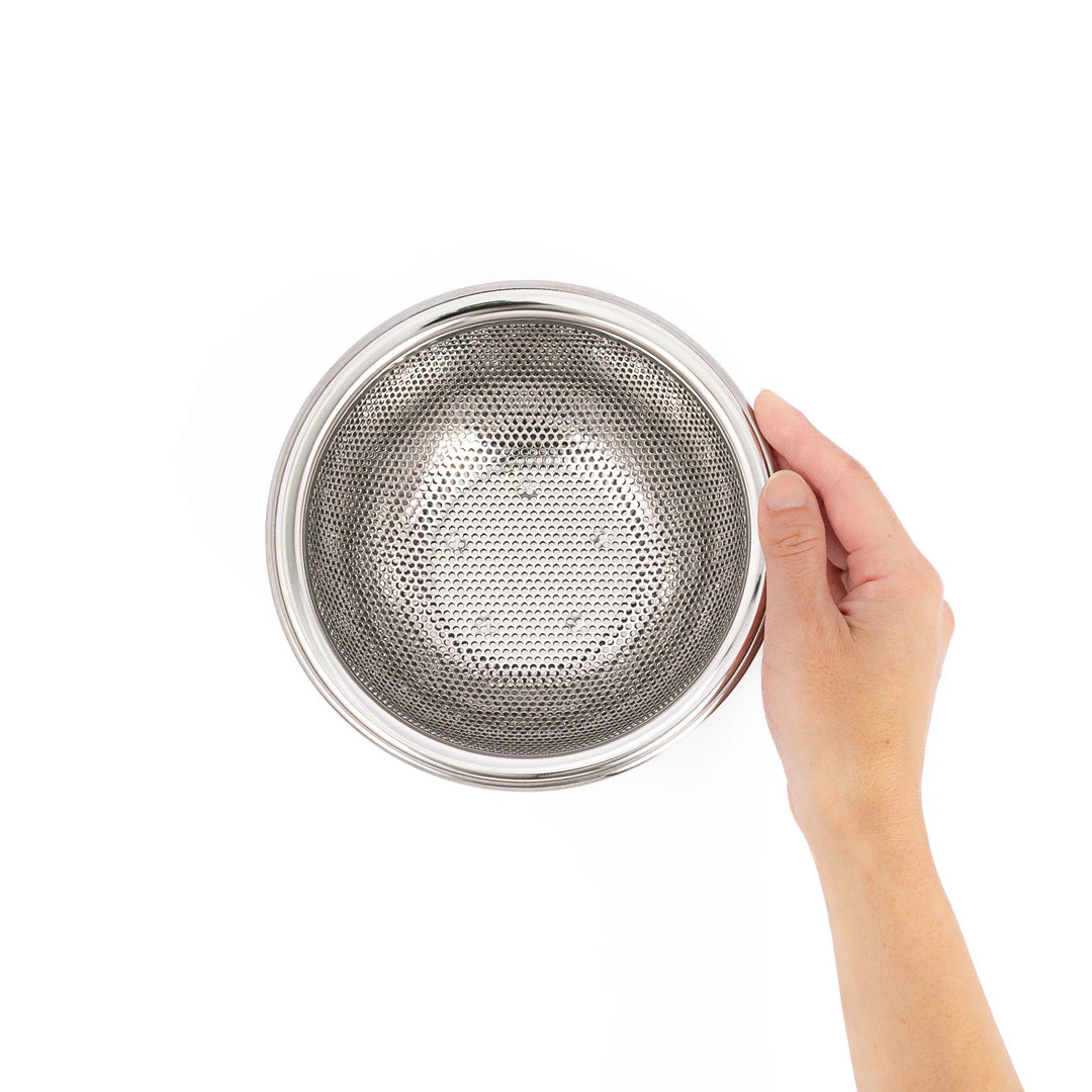 Japanese stainless steel mixing bowl and mesh strainer set, featuring an extra small colander for kitchen prep