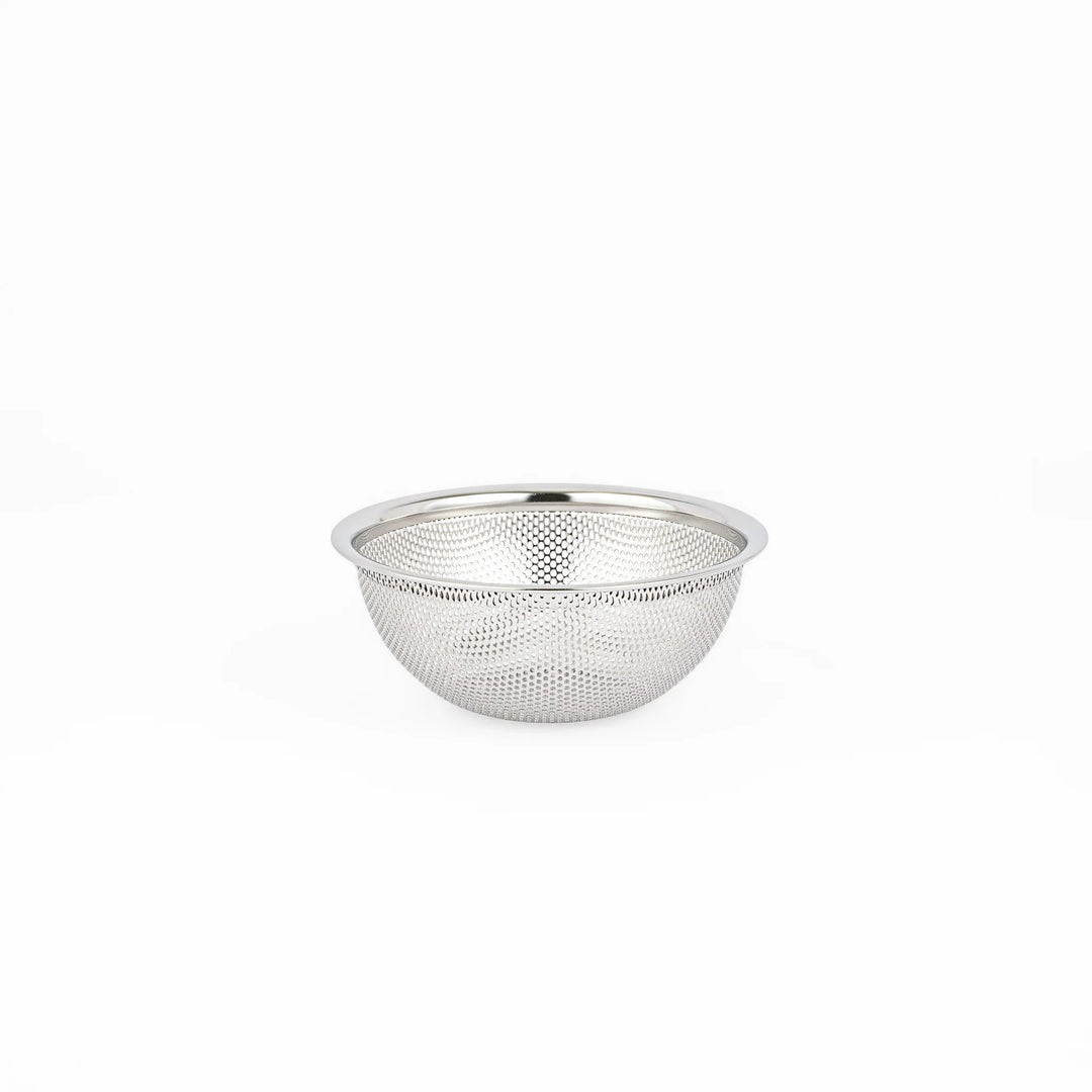 Japanese stainless steel mixing bowl and mesh strainer set, featuring an extra small colander for kitchen prep