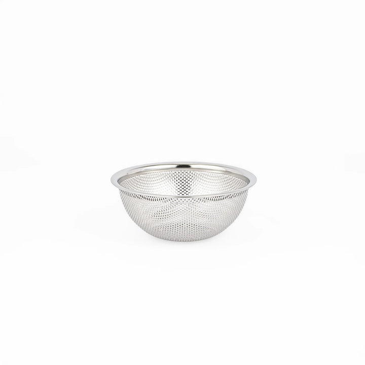 Japanese stainless steel mixing bowl and mesh strainer set, featuring an extra small colander for kitchen prep