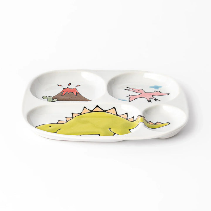 White ceramic kids divided plate with green stegosaurus, red erupting volcano, pink pterodactyl and blue cloud motifs