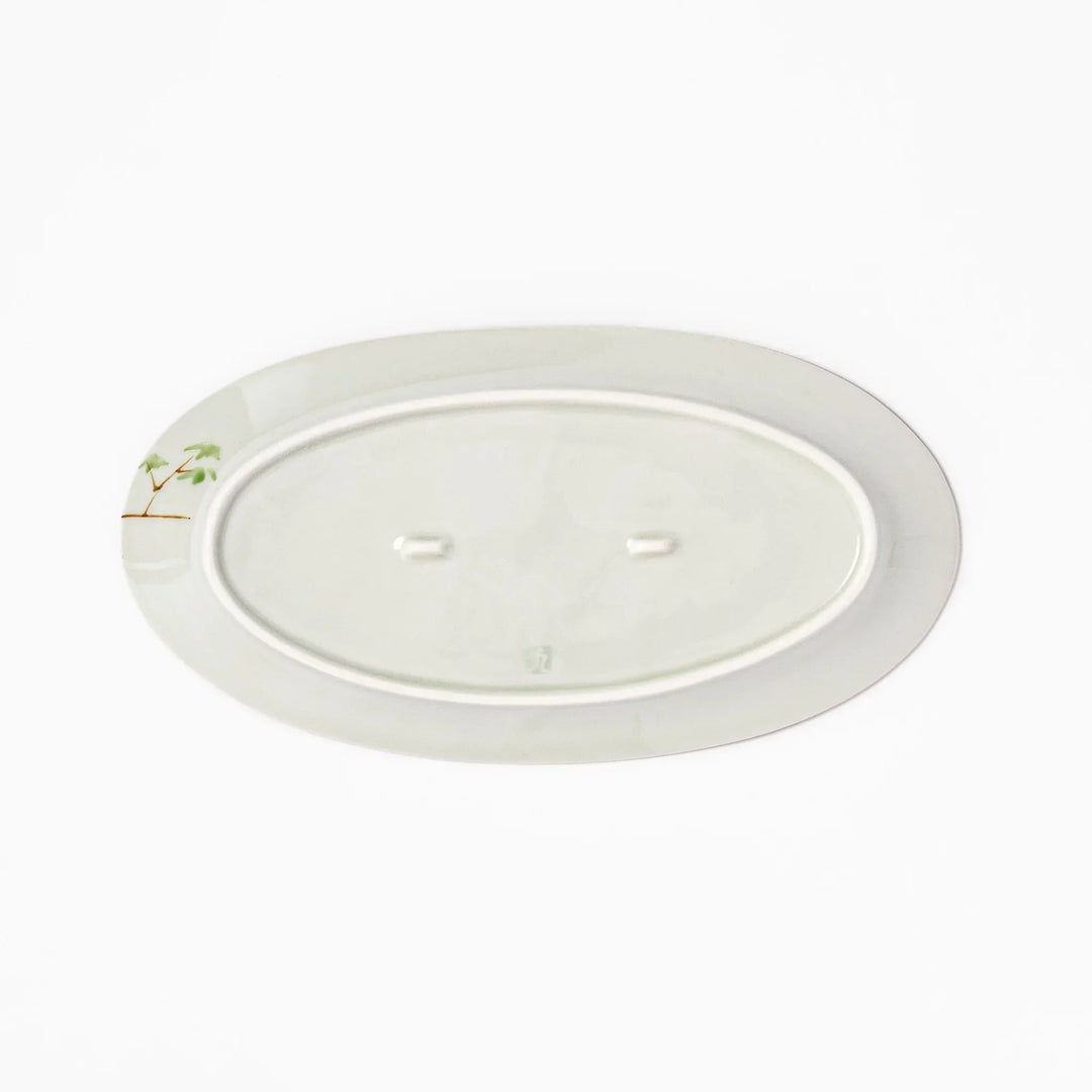 Japanese porcelain oval plate with whimsical China design featuring pandas, bamboo trees, and a traditional red pagoda