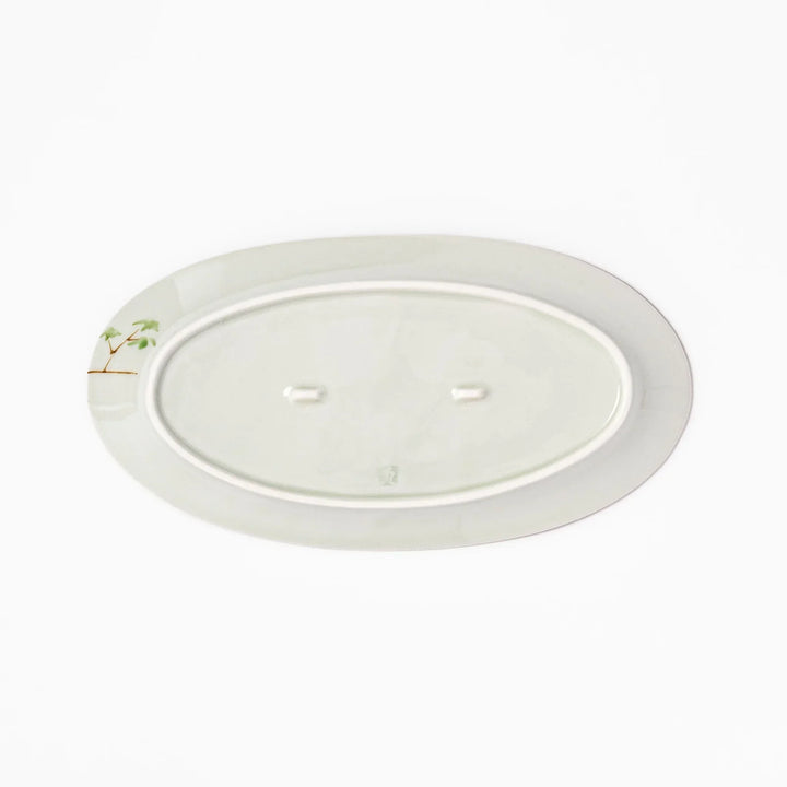 Japanese porcelain oval plate with whimsical China design featuring pandas, bamboo trees, and a traditional red pagoda