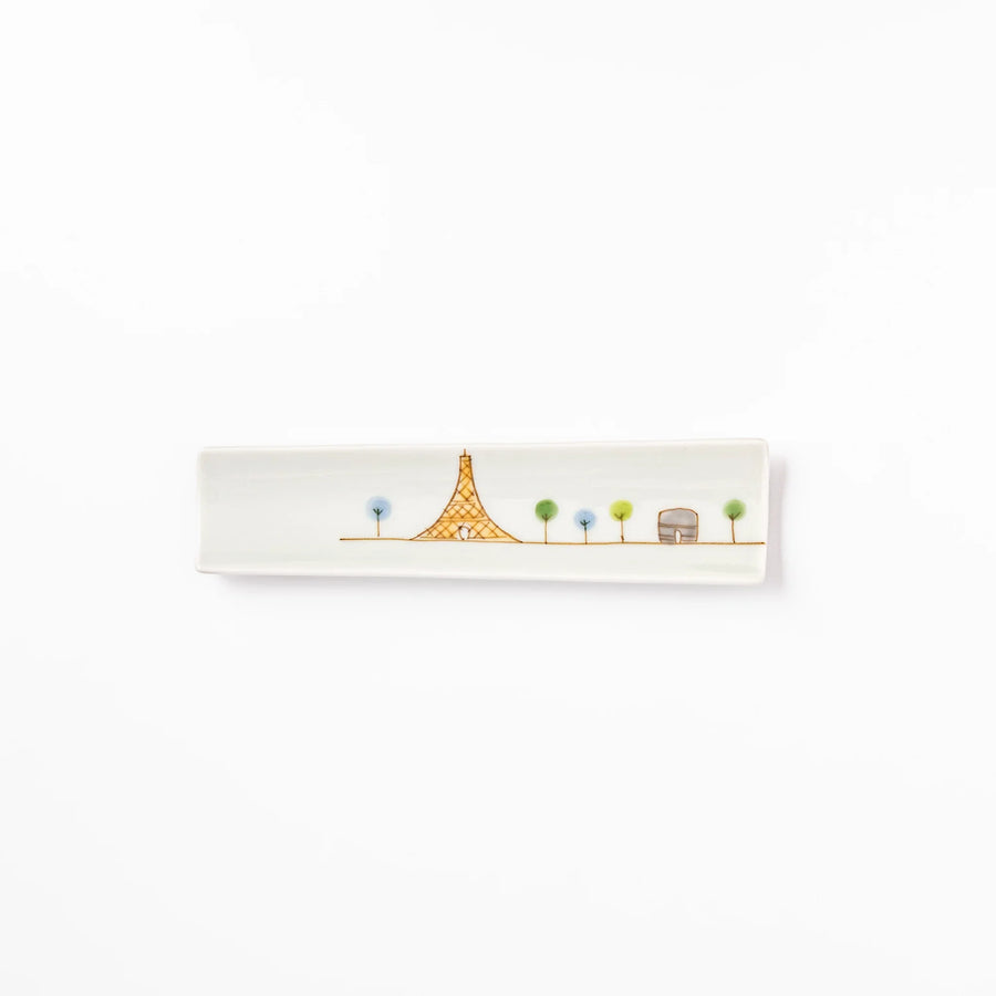 Japanese porcelain chopstick rest with whimsical France design featuring Eiffel Tower, Arc de Triomphe, and colorful trees