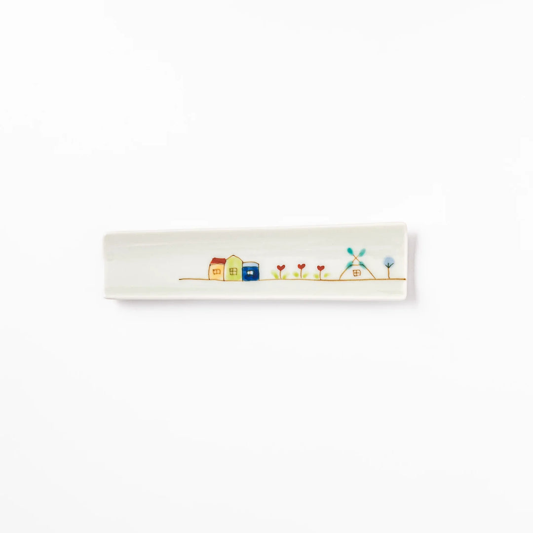 Japanese porcelain chopstick rest with Netherlands design featuring colorful houses, red tulips, and a blue windmill
