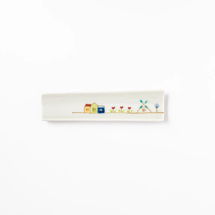 Japanese porcelain chopstick rest with Netherlands design featuring colorful houses, red tulips, and a blue windmill
