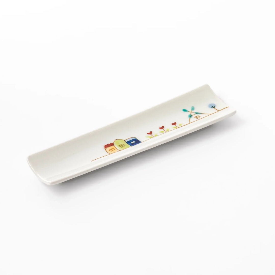 Japanese porcelain chopstick rest with Netherlands design featuring colorful houses, red tulips, and a blue windmill