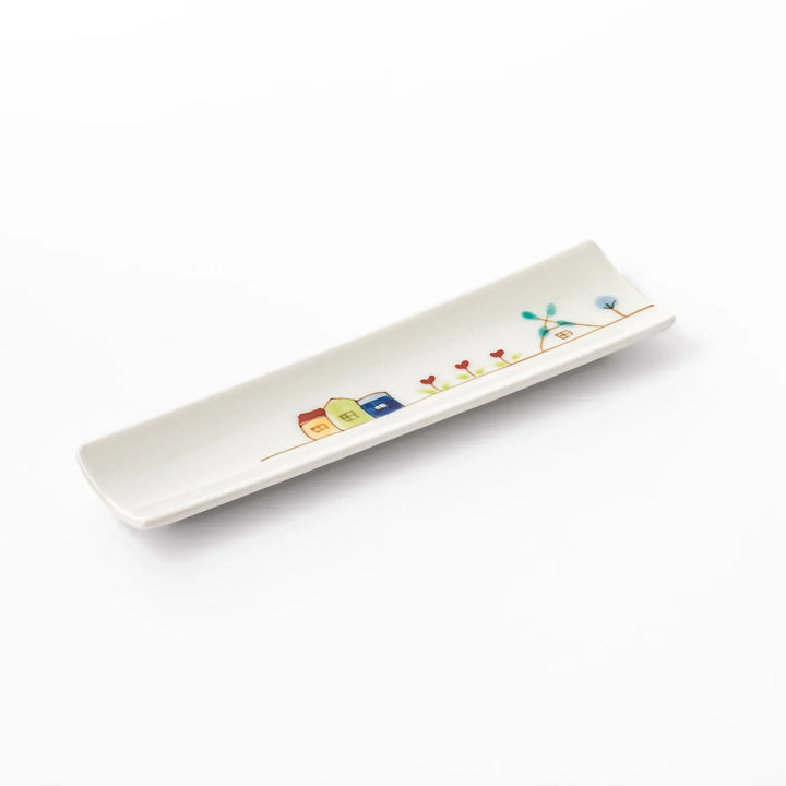 Japanese porcelain chopstick rest with Netherlands design featuring colorful houses, red tulips, and a blue windmill