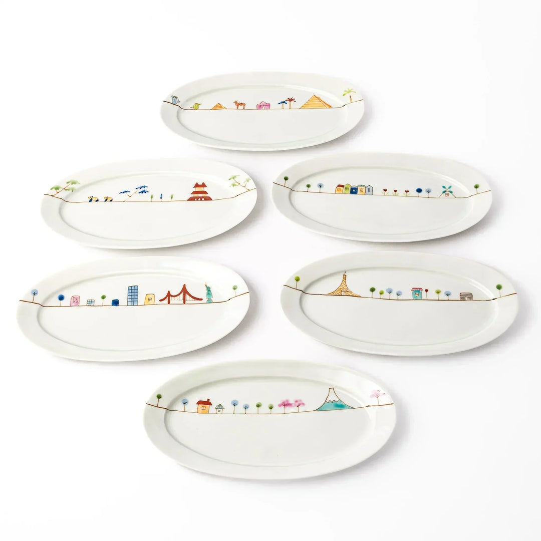 Set of six Japanese porcelain oval plates featuring colorful illustrations of world landmarks in a playful design.