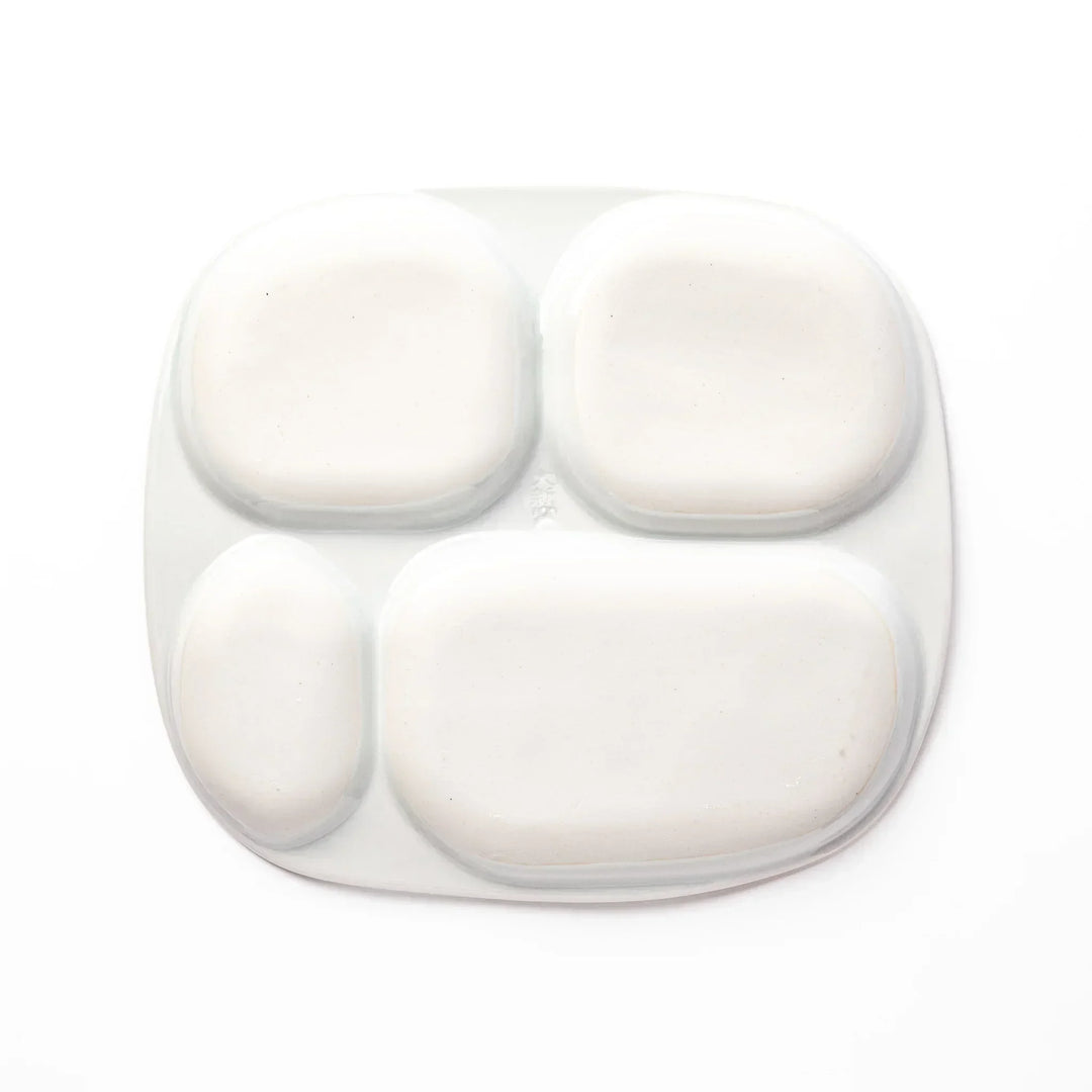 White ceramic kids divided plate with green T-Rex, purple pterodactyl, yellow grass and blue cloud accents