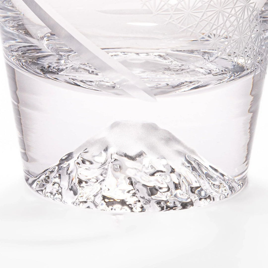 Clear rocks glass with etched starburst lattice pattern, swirling stripe detail, and textured 3D Mount Fuji base.