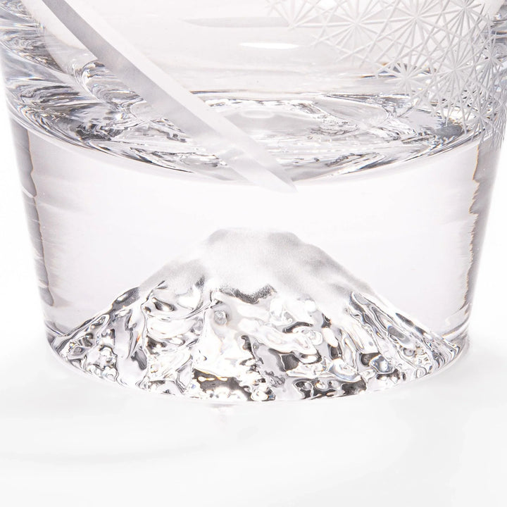 Clear rocks glass with etched starburst lattice pattern, swirling stripe detail, and textured 3D Mount Fuji base.