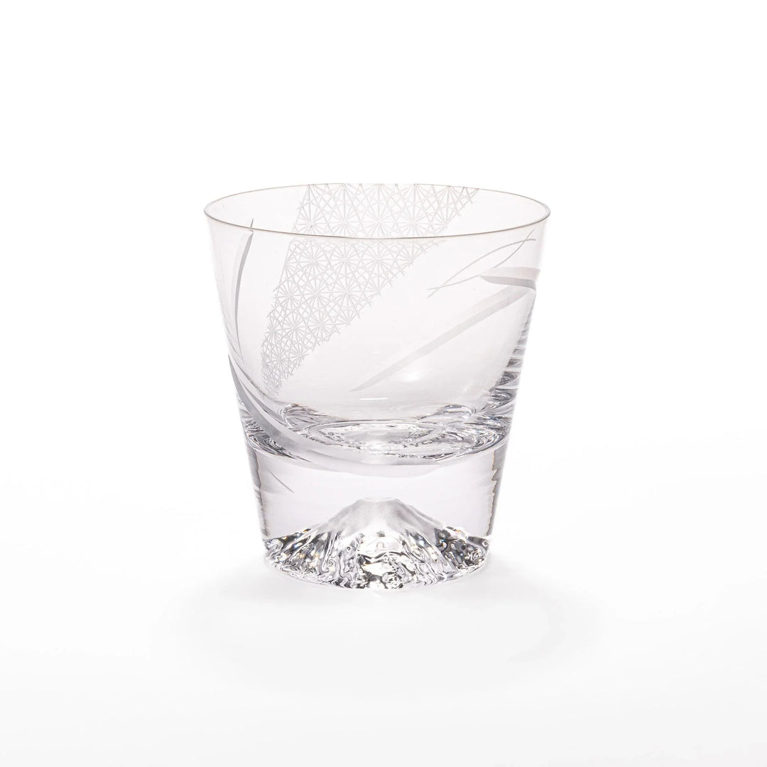 Clear rocks glass with etched starburst lattice pattern, swirling stripe detail, and textured 3D Mount Fuji base.