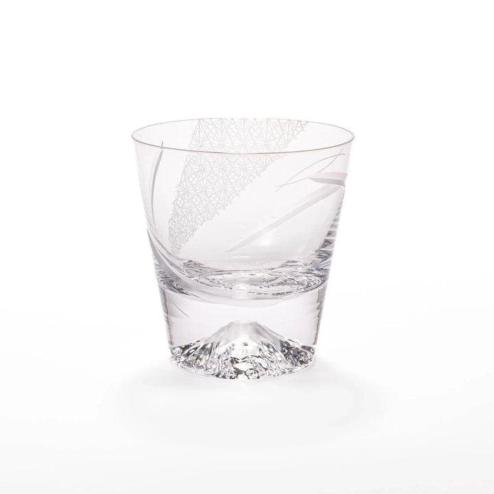 Clear rocks glass with etched starburst lattice pattern, swirling stripe detail, and textured 3D Mount Fuji base.